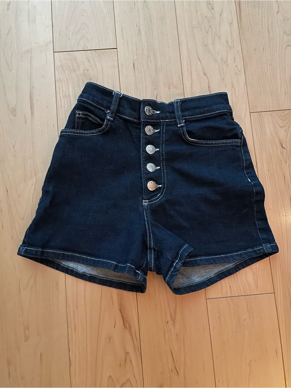 BDG High-Rise Button-Front Denim Shorts in Dark Blue